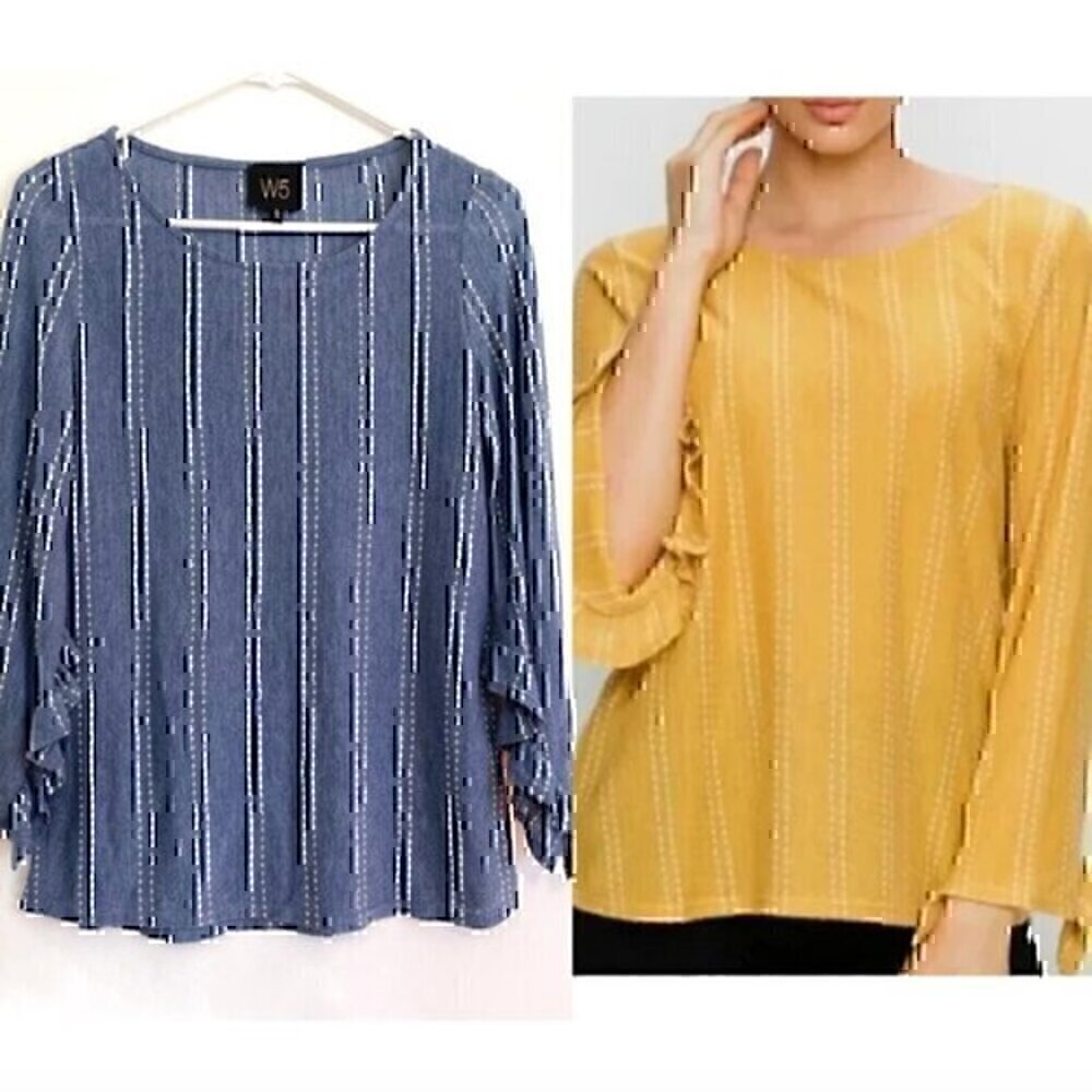 W5 ANTHROPOLOGIE Mariana Blouse Dot Stripe Blue White Ruffle 3/4 Sleeve Boho Top